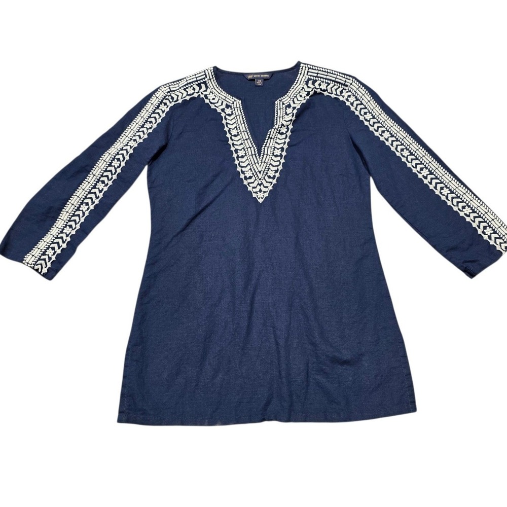 Brooks Brothers 346 Tunic Top Womens XS Navy Blue Linen‎ Embroidered Boho V-Neck